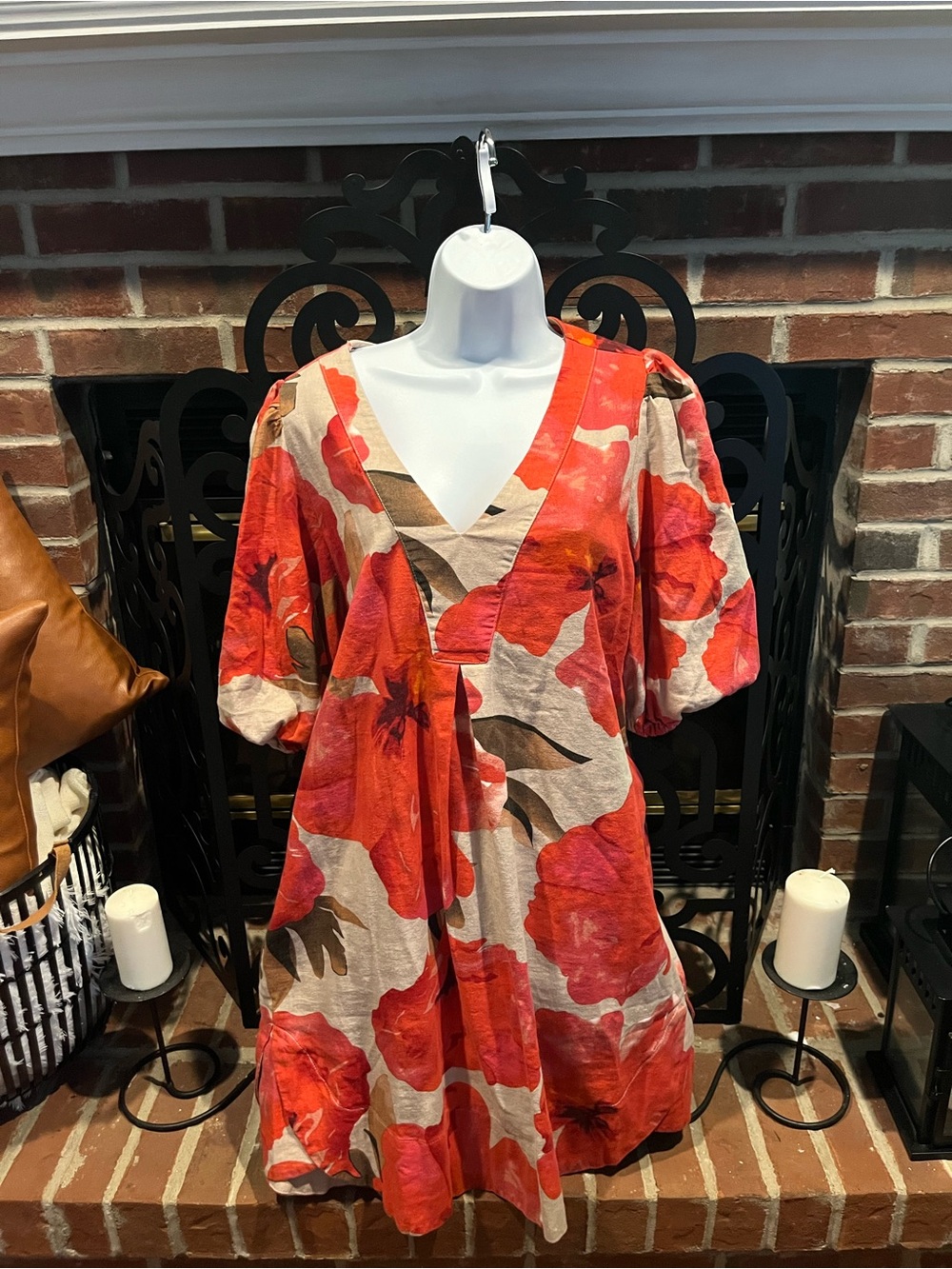 Cynthia Rowley Orangey Floral V-Neck Puff-Sleeve Women's Dress Size: Large NWOT - Picture 2 of 13